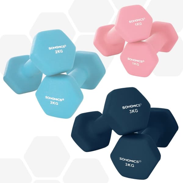 Hex käsipainot setti jalustalla - 2 x 1 kg, 2 x 2 kg, 2 x 3 kg, Neopreeni mattapintainen, käsipainot kotiharjoitteluun, vaaleanpunainen, Aqua ja sini