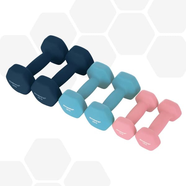 Hex käsipainot setti jalustalla - 2 x 1 kg, 2 x 2 kg, 2 x 3 kg, Neopreeni mattapintainen, käsipainot kotiharjoitteluun, vaaleanpunainen, Aqua ja sini