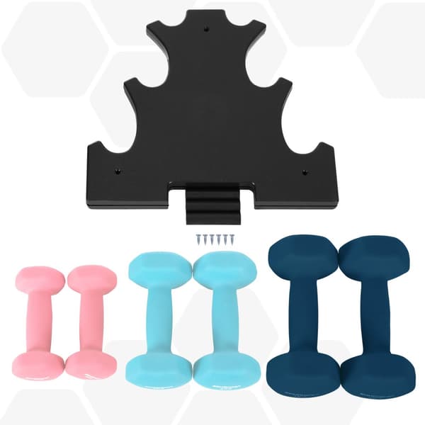 Hex käsipainot setti jalustalla - 2 x 1 kg, 2 x 2 kg, 2 x 3 kg, Neopreeni mattapintainen, käsipainot kotiharjoitteluun, vaaleanpunainen, Aqua ja sini