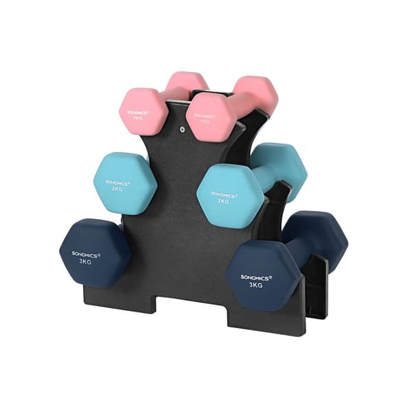 Hex hantlar set med stativ - 2 x 1 kg, 2 x 2 kg, 2 x 3 kg, matt neoprenfinish, handvikter för hemmaträning, rosa, aqua och blå SYL612MK