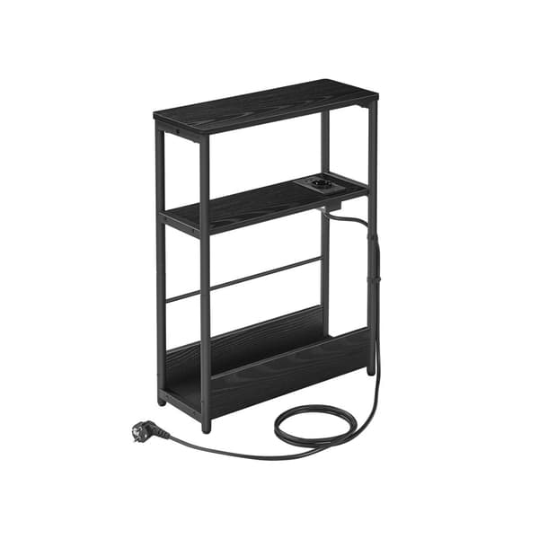 Sidebord med strømstik, smalt sidebord i 3 etager, sidebord til små rum med magasinholder, til stue, soveværelse og arbejdsværelse, sort ibenholt og