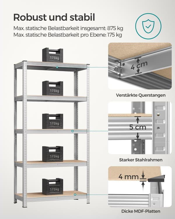 5-stegs hyllplan, stålhyllplan för förvaring, verktygsfri montering, för garage, skjul, lastkapacitet 875 kg, 40 x 90 x 180 cm, silver GLR40SV