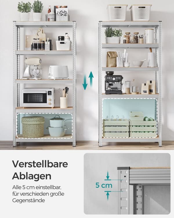 5-stegs hyllplan, stålhyllplan för förvaring, verktygsfri montering, för garage, skjul, lastkapacitet 875 kg, 40 x 90 x 180 cm, silver GLR40SV