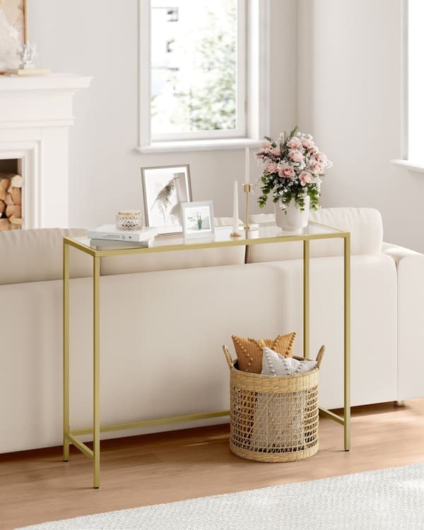 Konsolbord, entrébord, soffbord, skiva av härdat glas, metallram, justerbara ben, för vardagsrum, entré, hall, ljus guld och transparent LGT132A01