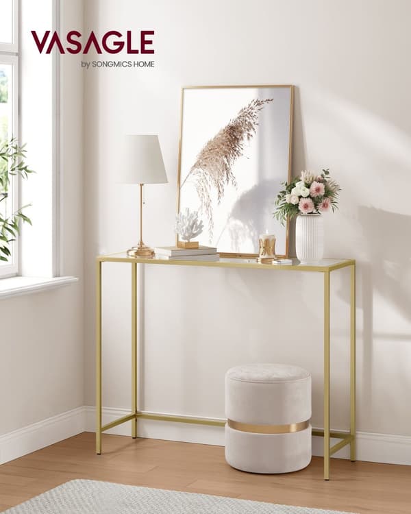 Konsolbord, entrébord, soffbord, skiva av härdat glas, metallram, justerbara ben, för vardagsrum, entré, hall, ljus guld och transparent LGT132A01