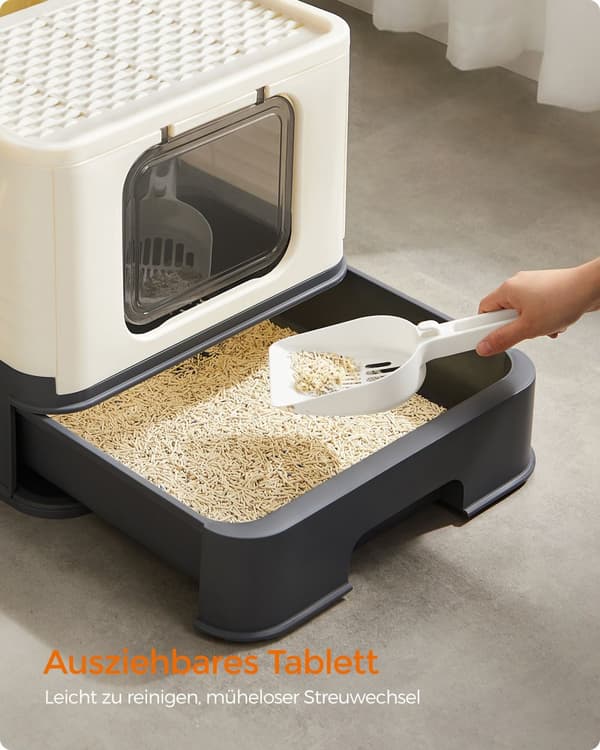 Feandrea lukket kattebakke, toilethus, aftagelig bakke, skovl, børste, til store katte, belastningskapacitet 15 kg, anti-mærkning, anti-lækage, beige