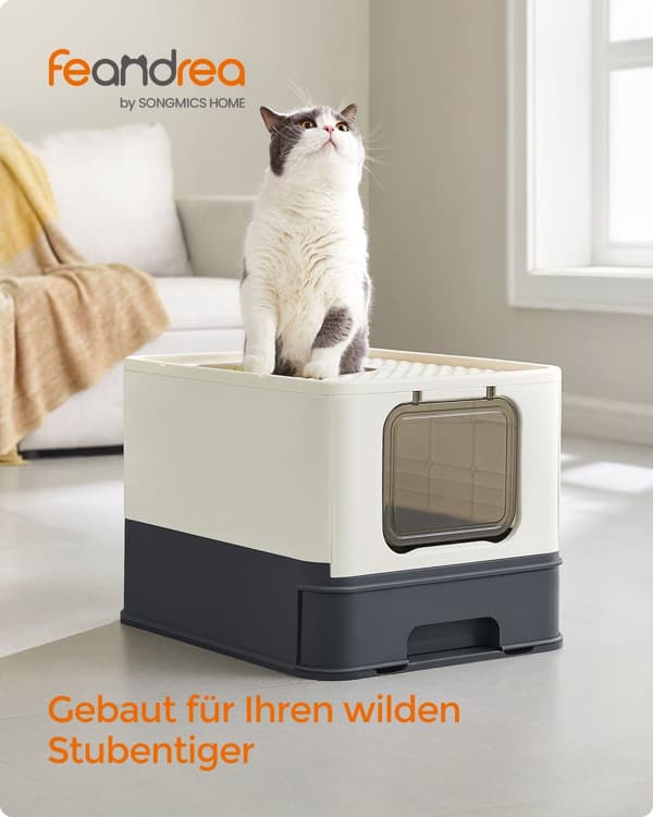 Feandrea lukket kattebakke, toilethus, aftagelig bakke, skovl, børste, til store katte, belastningskapacitet 15 kg, anti-mærkning, anti-lækage, beige