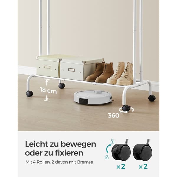 Tøjstativ, tøjstativ, dobbelt tøjstativ, kraftig metalramme, med hjul og hylde, 100 kg total max. belastning, 103,5 cm bred, tøjopbevaring, hvid HSR1