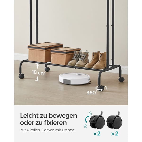 Klädstång, klädhängare, dubbel klädstång, kraftig metallram, med hjul och hyllplan, 100 kg total max. Last, 103,5 cm bred, klädförvaring, svart HSR10