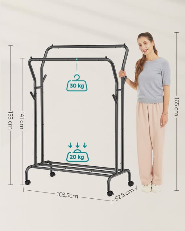 Klädstång, klädhängare, dubbel klädstång, kraftig metallram, med hjul och hyllplan, 100 kg total max. Last, 103,5 cm bred, klädförvaring, svart HSR10