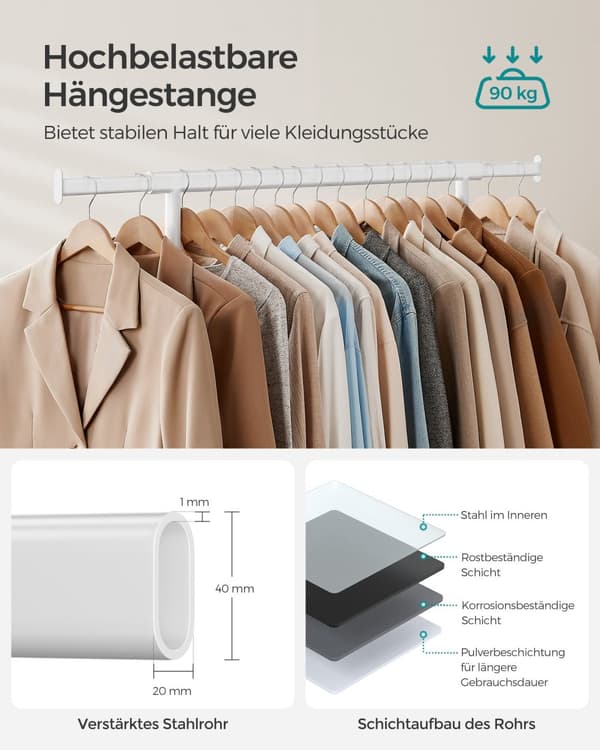 Tøjstativ på hjul, kraftigt tøjstativ, med udtrækkelig bøjlestang, 90 kg belastningskapacitet, nem montering, bærbart, klassisk hvid HSR013W01