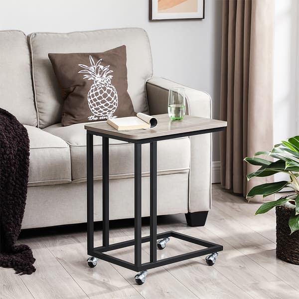 Endebord, sidebord, sofabord, med stålramme og hjul, nem montering, industrielt, til stue, soveværelse, balkon, grå og sort