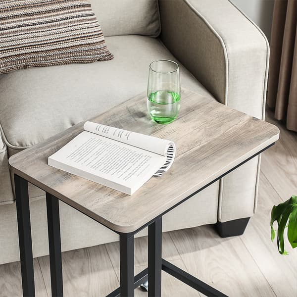Endebord, sidebord, sofabord, med stålramme og hjul, nem montering, industrielt, til stue, soveværelse, balkon, grå og sort