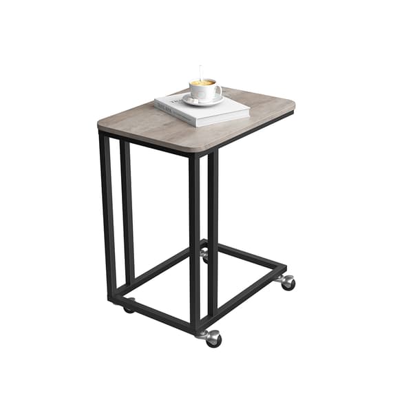 Endebord, sidebord, sofabord, med stålramme og hjul, nem montering, industrielt, til stue, soveværelse, balkon, grå og sort