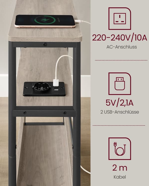 Slankt sidebord med strømstik, 3-lags sengebord, sofahjørne, til små rum, magasinholder, stue, soveværelse, kontor, Heather Greige og Ink Black LET33
