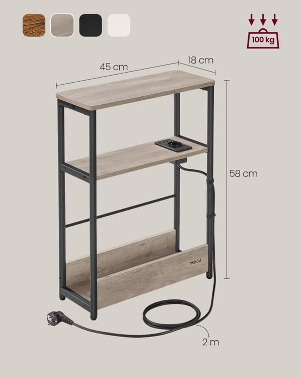Slankt sidebord med strømstik, 3-lags sengebord, sofahjørne, til små rum, magasinholder, stue, soveværelse, kontor, Heather Greige og Ink Black LET33