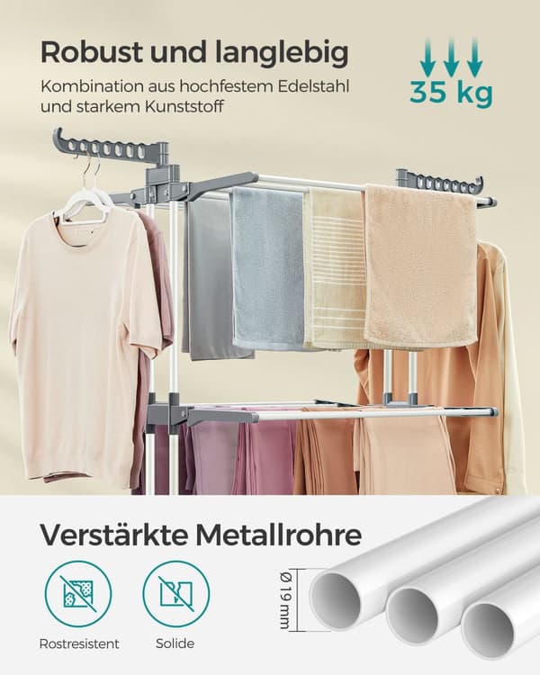 LLR701W01 Bærbar tørretumbler med hjul 4 niveauer, sammenklappelig 63,5 x 128 x 173 cm, stor kapacitet, nem montering, indendørs og udendørs brug, hv
