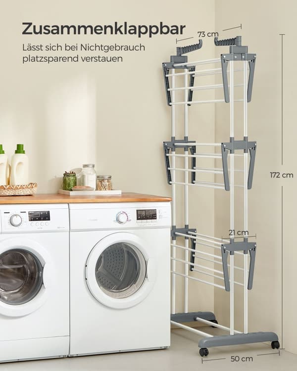 LLR701W01 Bærbar tørretumbler med hjul 4 niveauer, sammenklappelig 63,5 x 128 x 173 cm, stor kapacitet, nem montering, indendørs og udendørs brug, hv