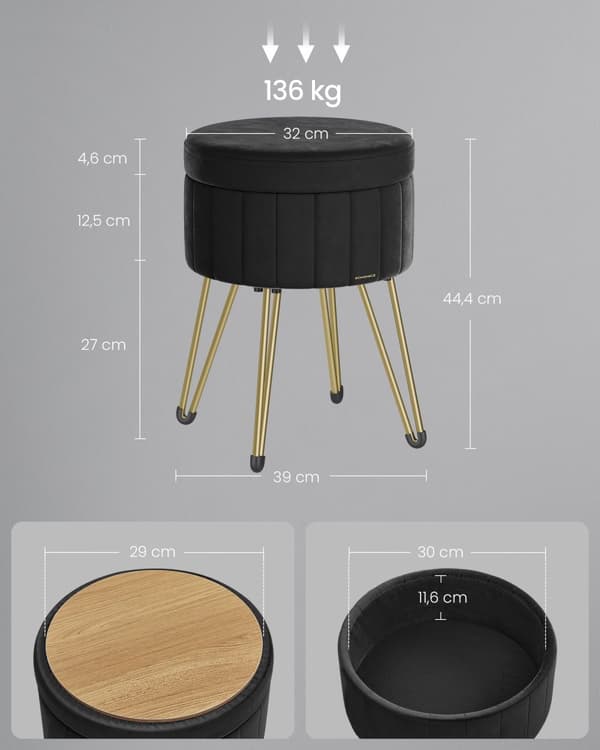 Pall med förvaringsutrymme och 4 metallben ink black