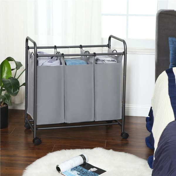Rullaava pyykinlajittelija, pyykkikori 3 irrotettavalla pussilla, pyykkikärry, lelujen järjestäjä pyörillä, tukeva, 3 x 44L, harmaa