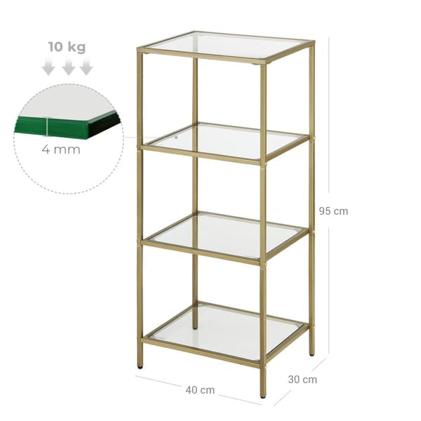 Förvaringshylla för badrum, förvaringsställ i härdat glas, 4-stegs förvaringsenhet, robust, lätt att montera, för vardagsrum, sovrum, kontor, Golden