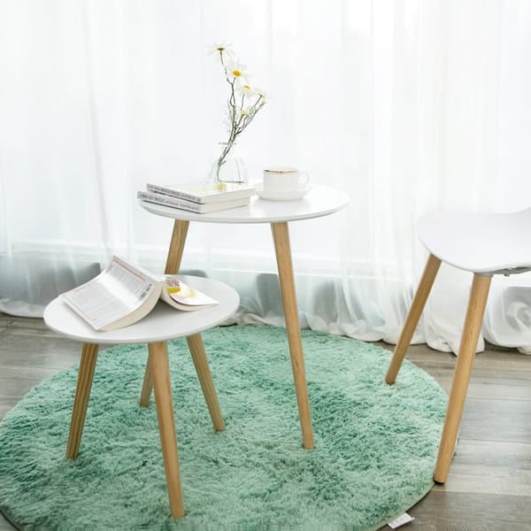 Nesting sidobord, runt gavelbord, set om 2, skandinaviskt minimalistiskt soffbord med ben i massivt furuträ, vitt och natur LET07WN