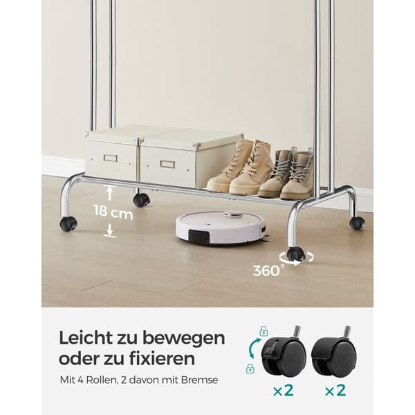 Klädstång, klädhängare, dubbel klädstång, kraftig metallram, med hjul och hyllplan, 100 kg total max. Last, 103,5 cm bred, klädförvaring, Silver HSR1