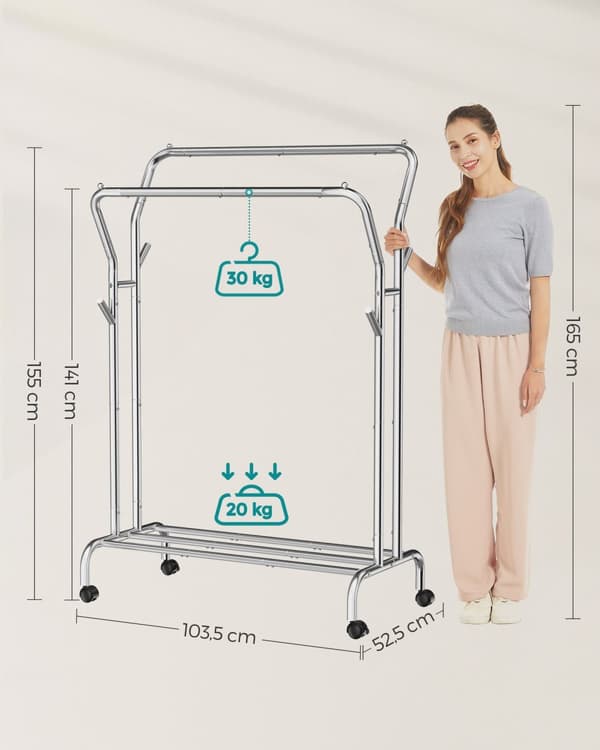 Klädstång, klädhängare, dubbel klädstång, kraftig metallram, med hjul och hyllplan, 100 kg total max. Last, 103,5 cm bred, klädförvaring, Silver HSR1