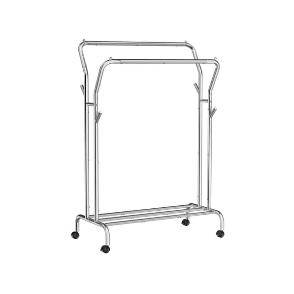 Tøjstativ, tøjstativ, dobbelt tøjstativ, kraftig metalramme, med hjul og hylde, 100 kg total max. belastning, 103,5 cm bred, tøjopbevaring, sølv HSR1