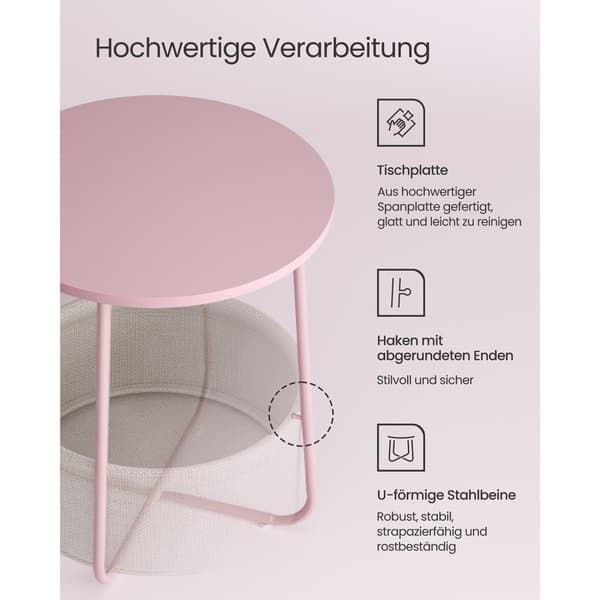 Vasagle runt sidobord, litet soffbord, vardagsrumsbord med tygkorg, förvaringsutrymme för vardagsrum, sovrum, modernt, pastellrosa / molnvit, LET223R