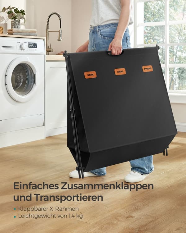 Tvättkorg 135 liter med 3 fack bläck svart