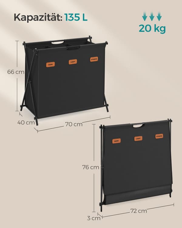 Tvättkorg 135 liter med 3 fack bläck svart