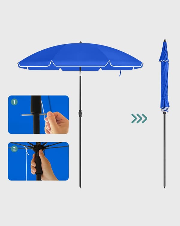 1,6 m parasoll, strandparaply, UPF 50+, solskydd, bärbart åttkantigt polyestertak, glasfiberribbor, tiltmekanism, bärväska, för strandträdgård, balko