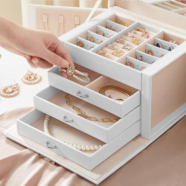 Korut laatikko, korut järjestäjä 4 tasoa, lukittava korujen säilytyslaatikko lokeroilla, sametti vuori, valkoinen JBC159W01