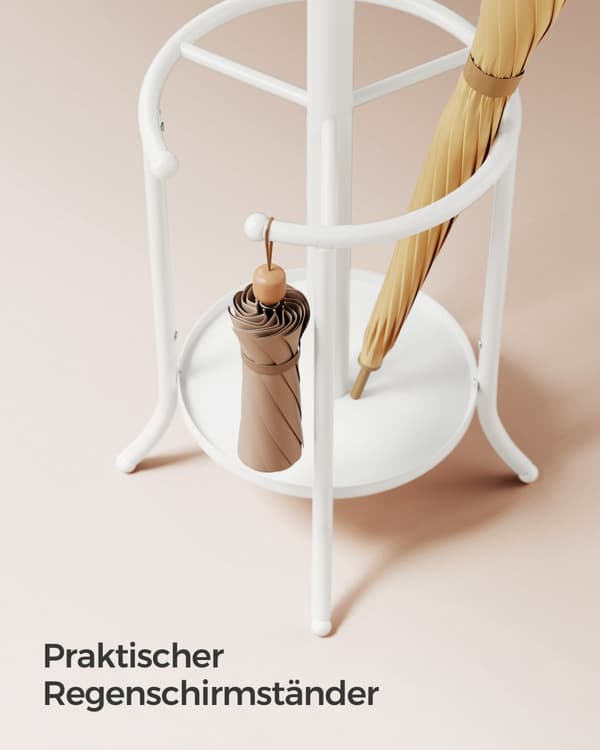 Fristående kapphylla, kapphylla med paraplyhållare, 12 krokar, metall, 175 cm hög, för entré, hall, vardagsrum, sovrum, pärlvit