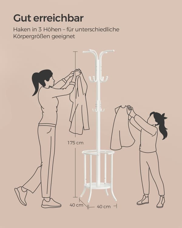 Fristående kapphylla, kapphylla med paraplyhållare, 12 krokar, metall, 175 cm hög, för entré, hall, vardagsrum, sovrum, pärlvit