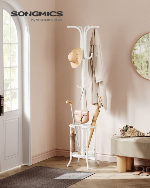 Fristående kapphylla, kapphylla med paraplyhållare, 12 krokar, metall, 175 cm hög, för entré, hall, vardagsrum, sovrum, pärlvit