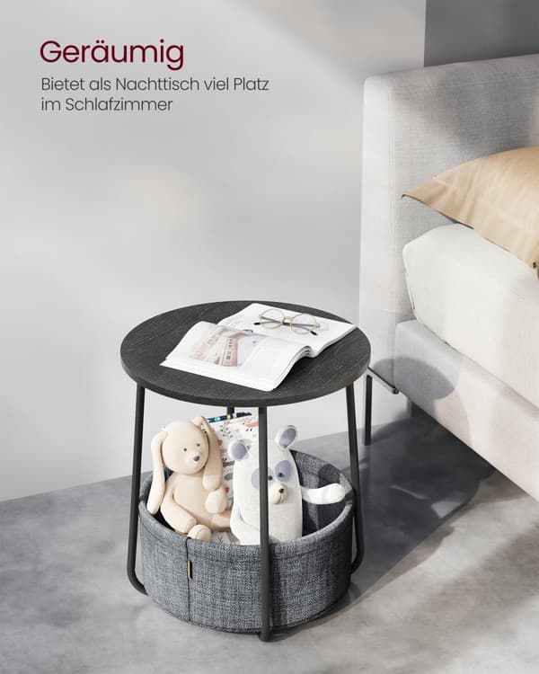Litet runt sidobord, modernt nattduksbord med tygkorg, nattduksbord för vardagsrum, sovrum, Ebony Black och Slate Grey LET223B01