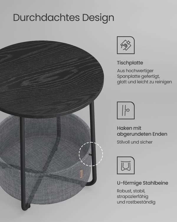 Litet runt sidobord, modernt nattduksbord med tygkorg, nattduksbord för vardagsrum, sovrum, Ebony Black och Slate Grey LET223B01