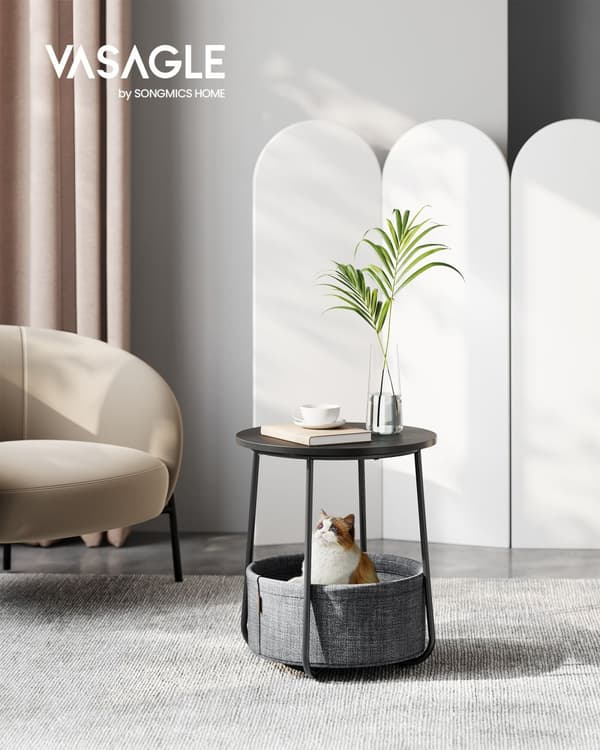 Litet runt sidobord, modernt nattduksbord med tygkorg, nattduksbord för vardagsrum, sovrum, Ebony Black och Slate Grey LET223B01