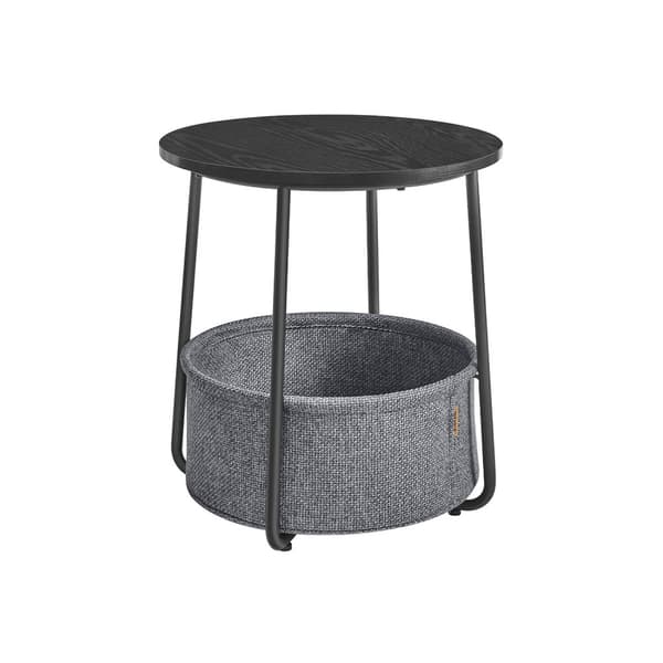 Litet runt sidobord, modernt nattduksbord med tygkorg, nattduksbord för vardagsrum, sovrum, Ebony Black och Slate Grey LET223B01