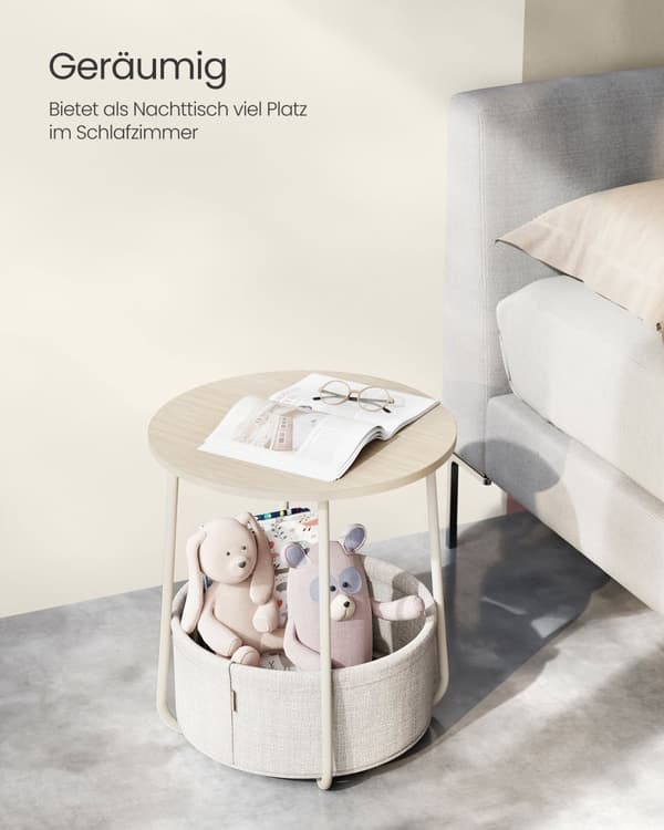 Litet runt soffbord, sidobord med tygkorg, förvaring för vardagsrum, sovrum, sängbord, modern stil, gräddvit LET223K67