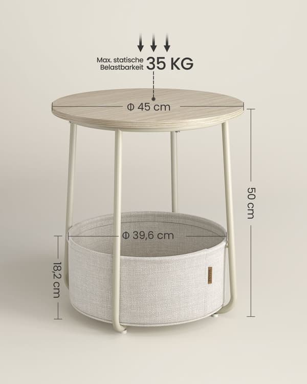 Litet runt soffbord, sidobord med tygkorg, förvaring för vardagsrum, sovrum, sängbord, modern stil, gräddvit LET223K67