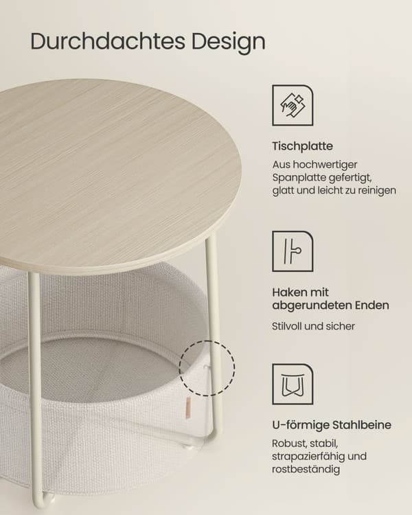 Litet runt soffbord, sidobord med tygkorg, förvaring för vardagsrum, sovrum, sängbord, modern stil, gräddvit LET223K67