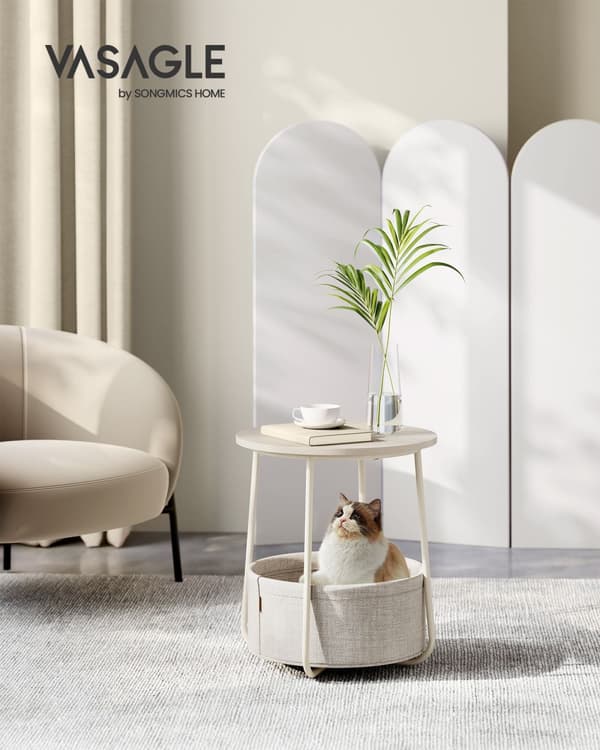 Litet runt soffbord, sidobord med tygkorg, förvaring för vardagsrum, sovrum, sängbord, modern stil, gräddvit LET223K67