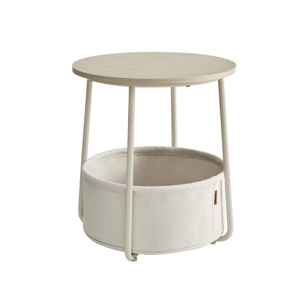 Litet runt soffbord, sidobord med tygkorg, förvaring för vardagsrum, sovrum, sängbord, modern stil, gräddvit LET223K67