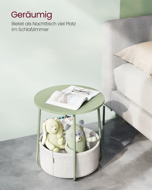 Litet runt sidobord, modernt nattduksbord med tygkorg, sängbord för vardagsrum sovrum, Laurel Green och Cream White LET223C69
