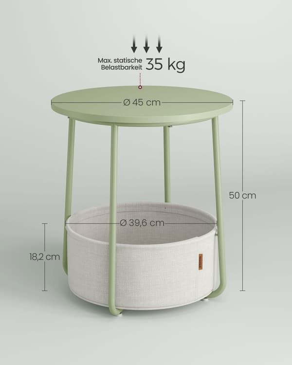 Litet runt sidobord, modernt nattduksbord med tygkorg, sängbord för vardagsrum sovrum, Laurel Green och Cream White LET223C69