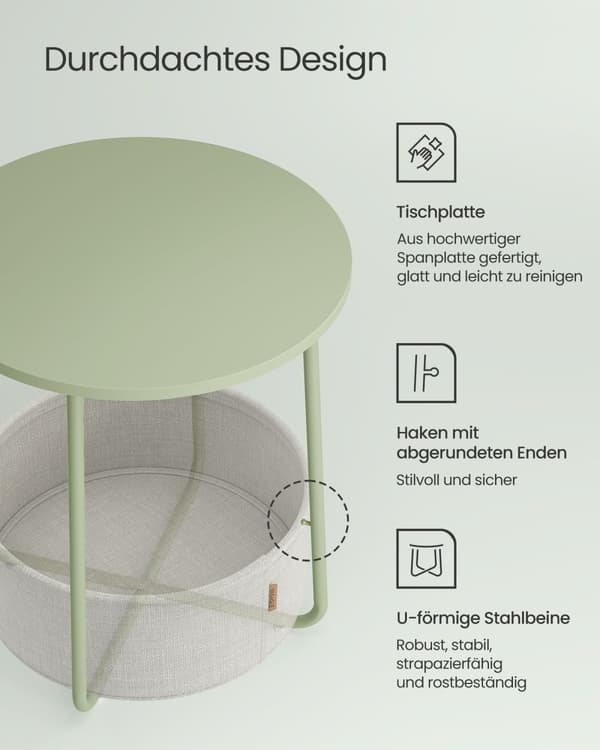 Litet runt sidobord, modernt nattduksbord med tygkorg, sängbord för vardagsrum sovrum, Laurel Green och Cream White LET223C69