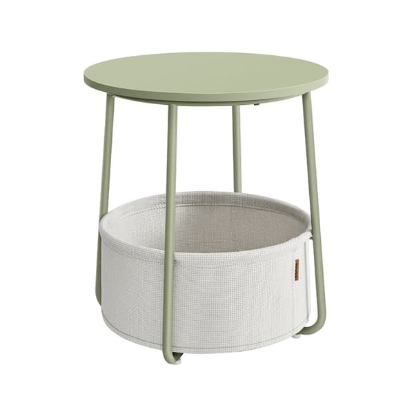 Litet runt sidobord, modernt nattduksbord med tygkorg, sängbord för vardagsrum sovrum, Laurel Green och Cream White LET223C69